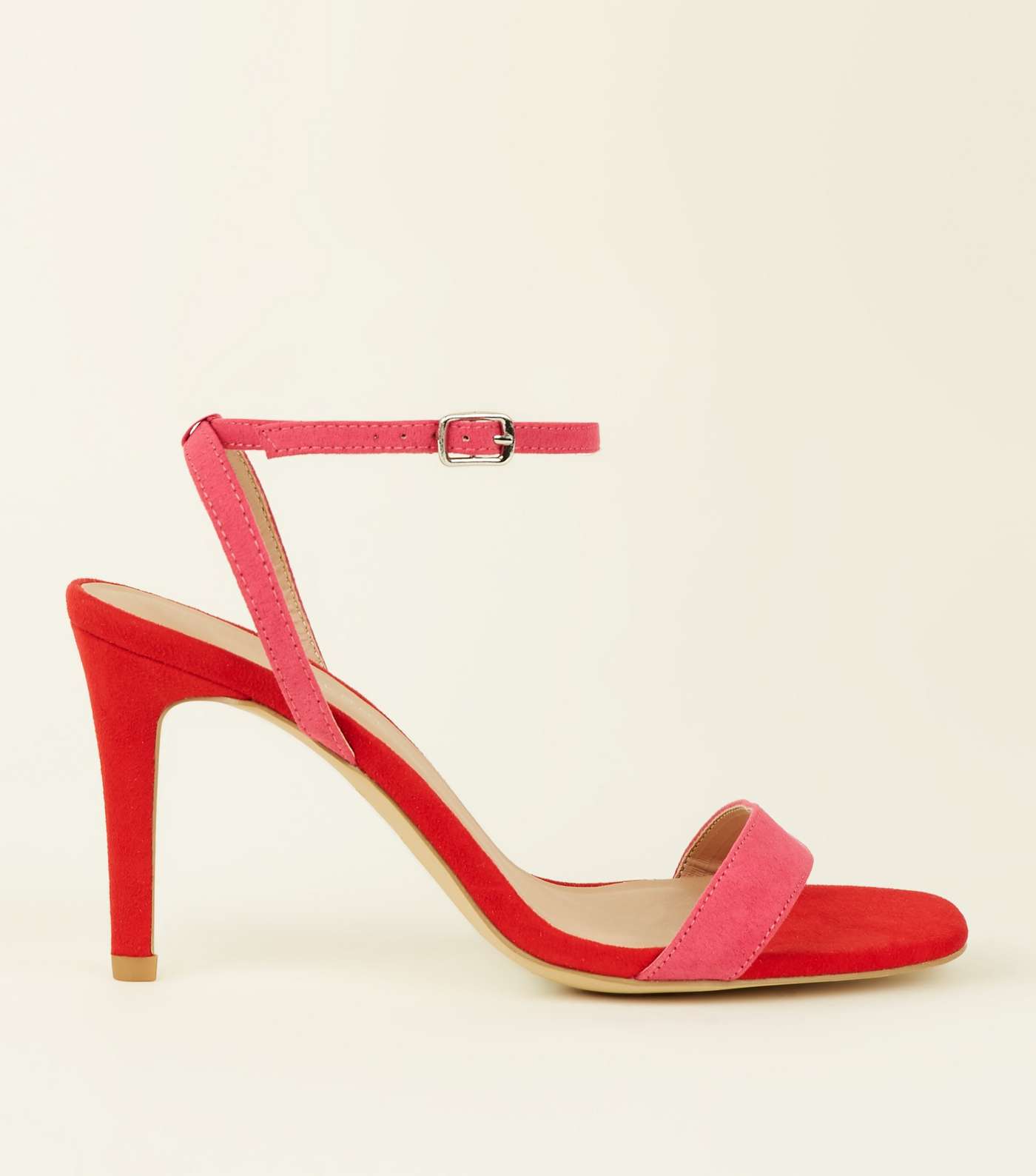 Wide Fit Pink and Red Suedette Strappy Square Toe Heels