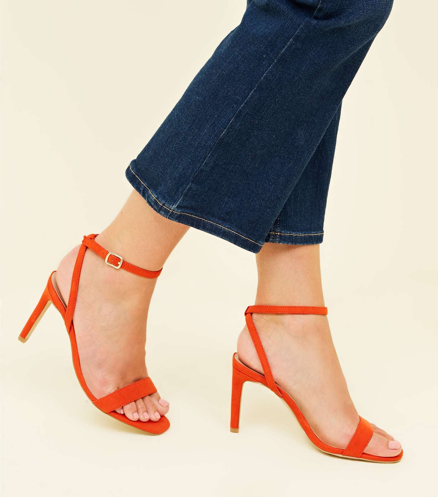 Wide Fit Bright Orange Suedette Strappy Square Toe Heels Image 2