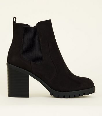 Wide Fit Black Suedette Block Heel Chunky Boots | New Look