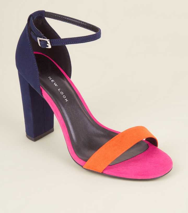 Wide Fit Navy Colour Block Ankle Strap Block Heels