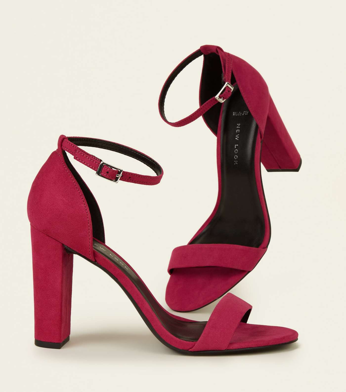 Wide Fit Bright Pink Suedette Ankle Strap Block Heels Image 3