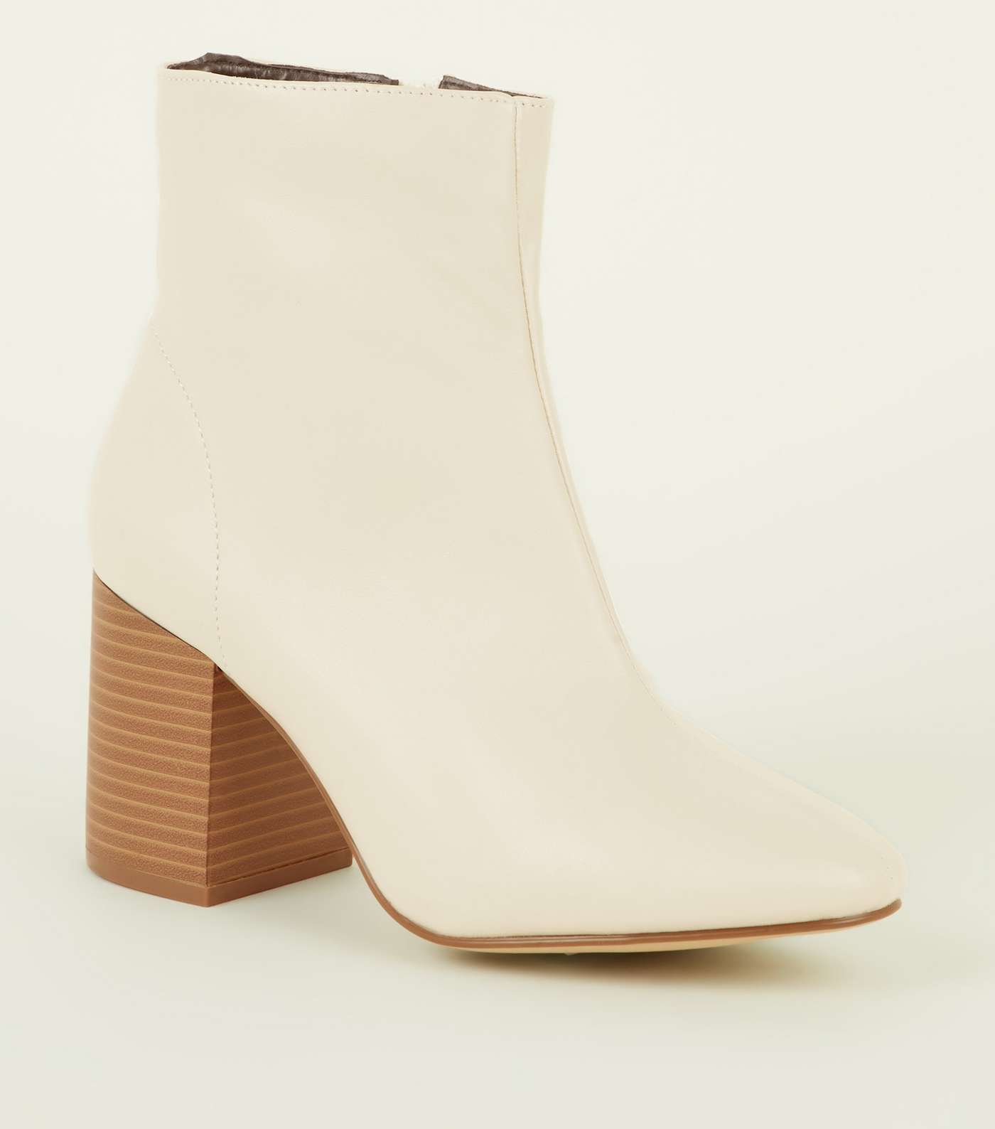 Cream Leather-Look Wood Heel Ankle Boots