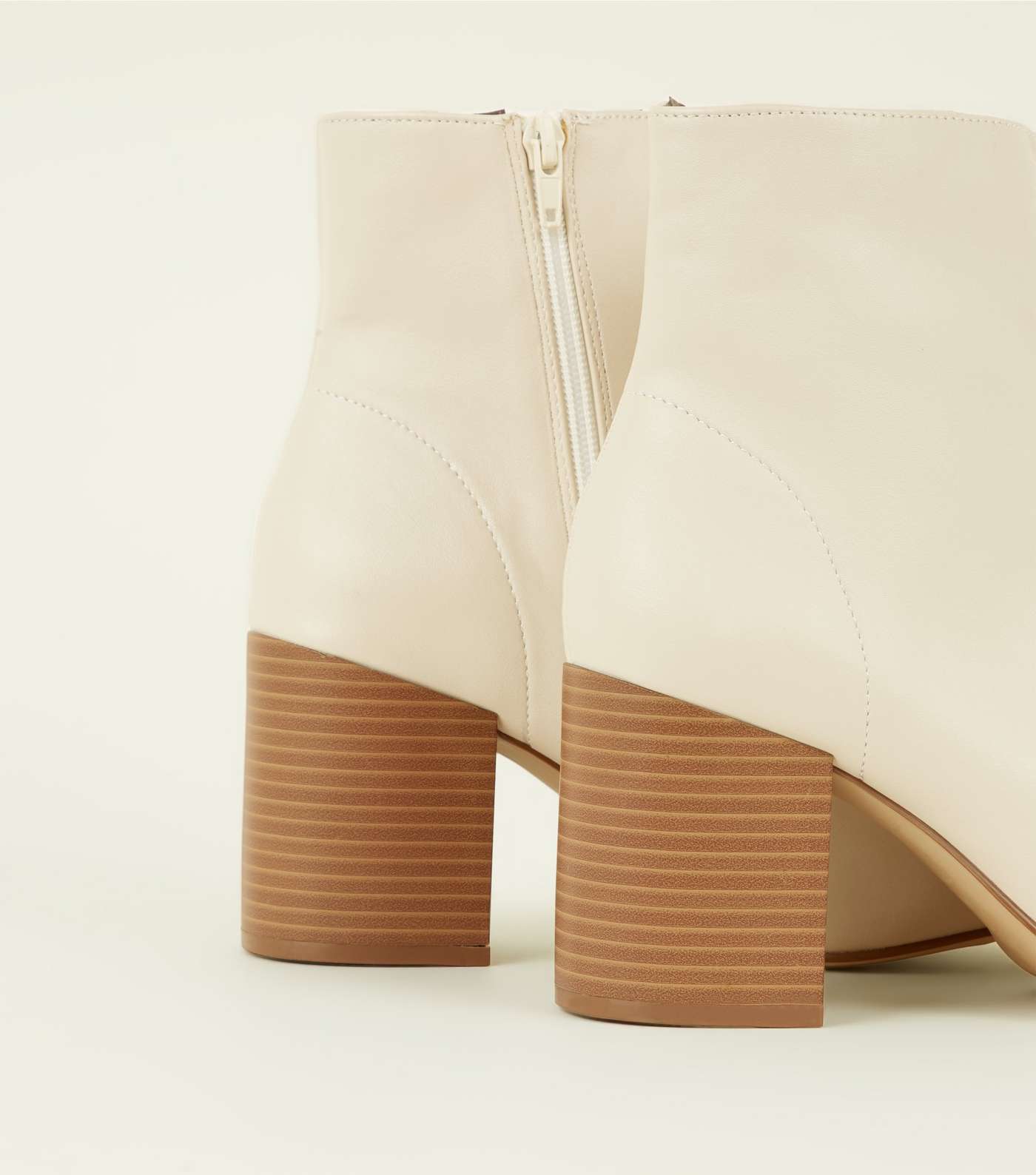 Cream Leather-Look Wood Heel Ankle Boots Image 3