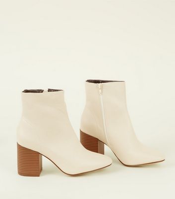 Cream Leather-Look Wood Heel Ankle 