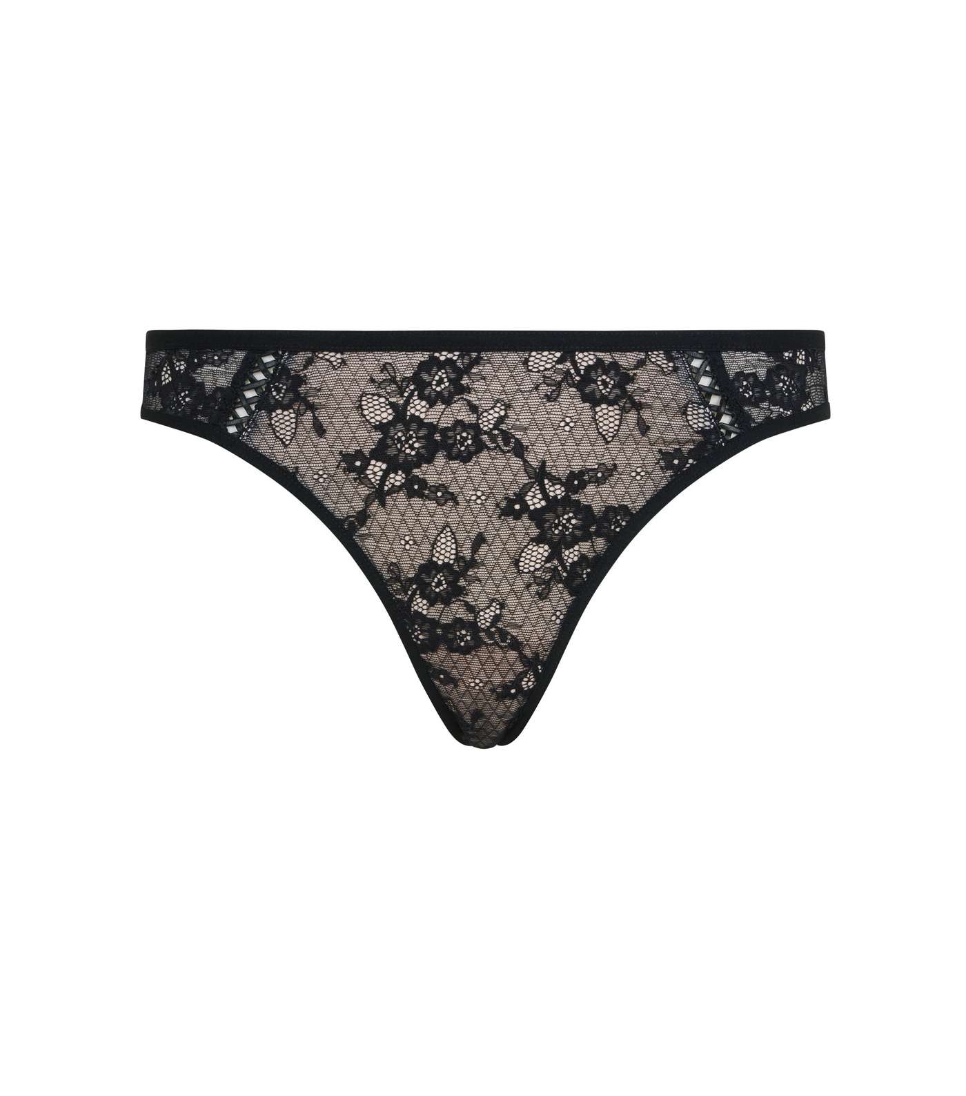 Black Floral Lace Lattice Leather-Look Thong  Image 4