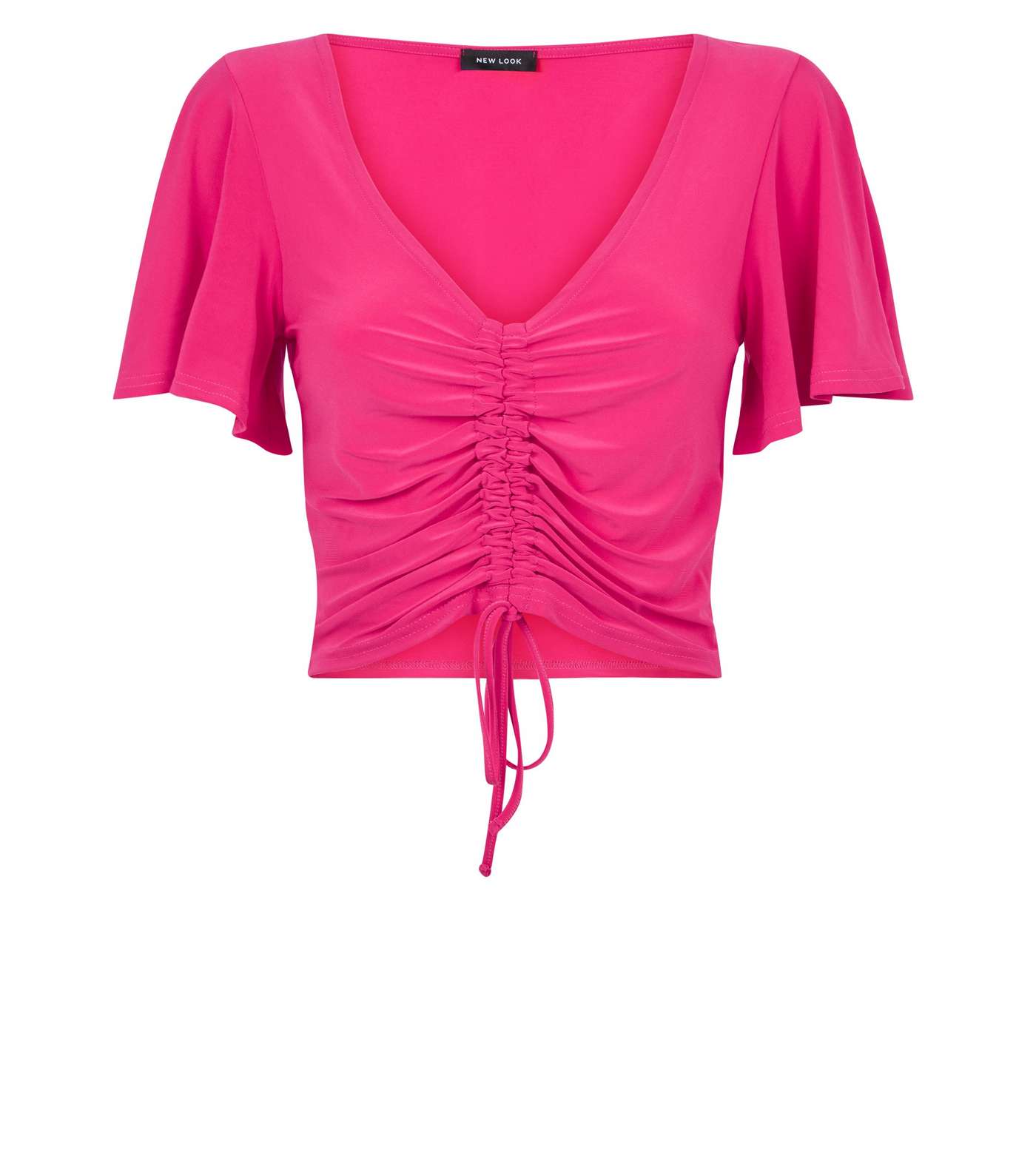 Bright Pink Ruched Front Flutter Sleeve Top Image 4