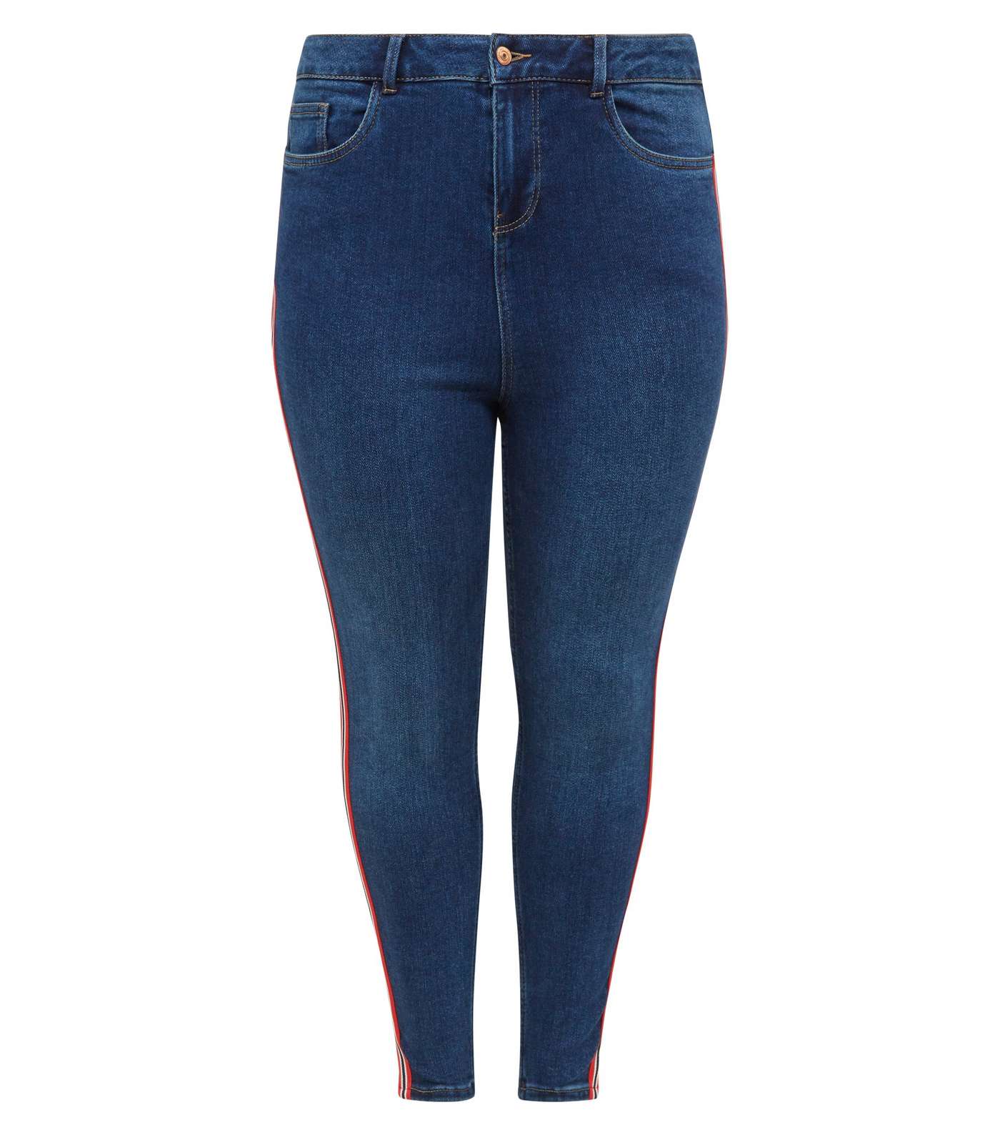 Curves Blue Side Stripe High Waist Super Skinny Jeans Image 4