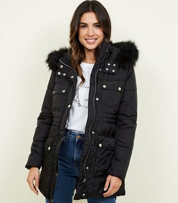 new look padded jacket with fur collar