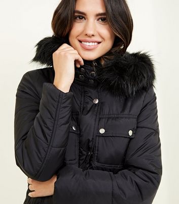 longline puffer coat with fur hood