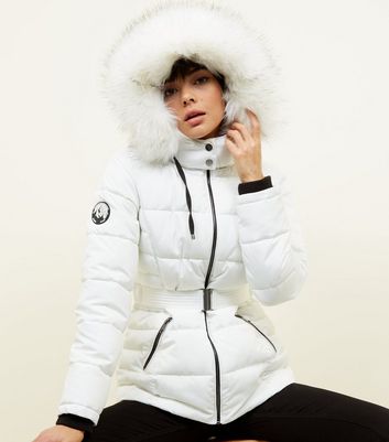 faux fur hood belted puffer jacket