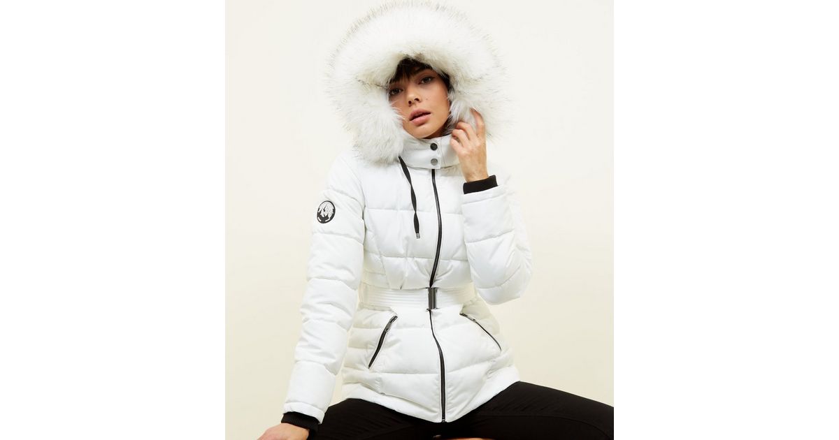 Faux Fur Hood Belted Puffer Jacket, White Puffer Coat Fur Hood
