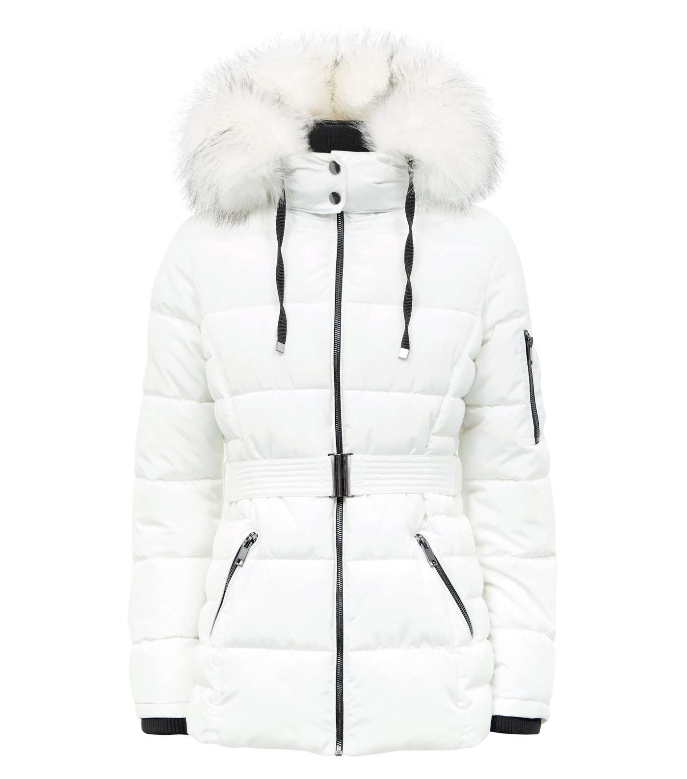 White Faux Fur Hood Belted Puffer Jacket  Image 4
