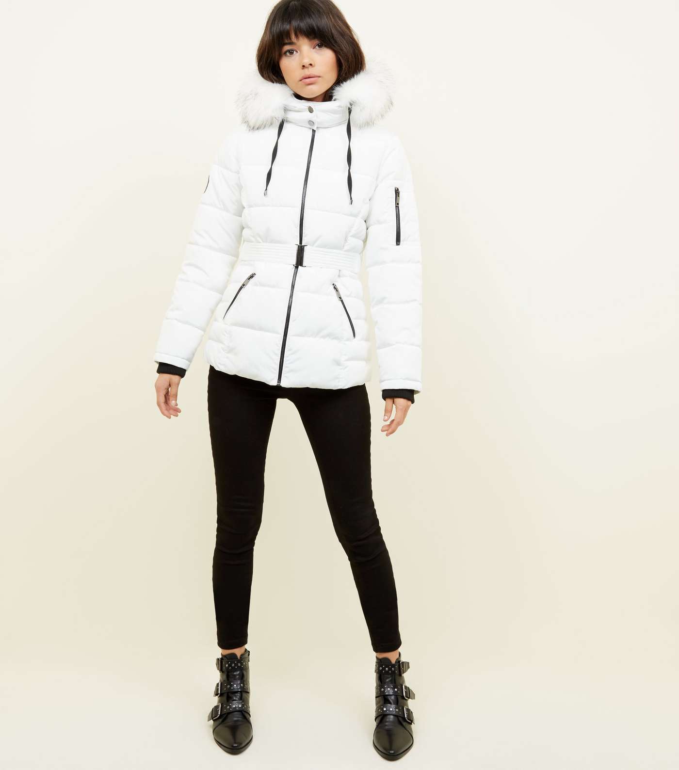 White Faux Fur Hood Belted Puffer Jacket  Image 2