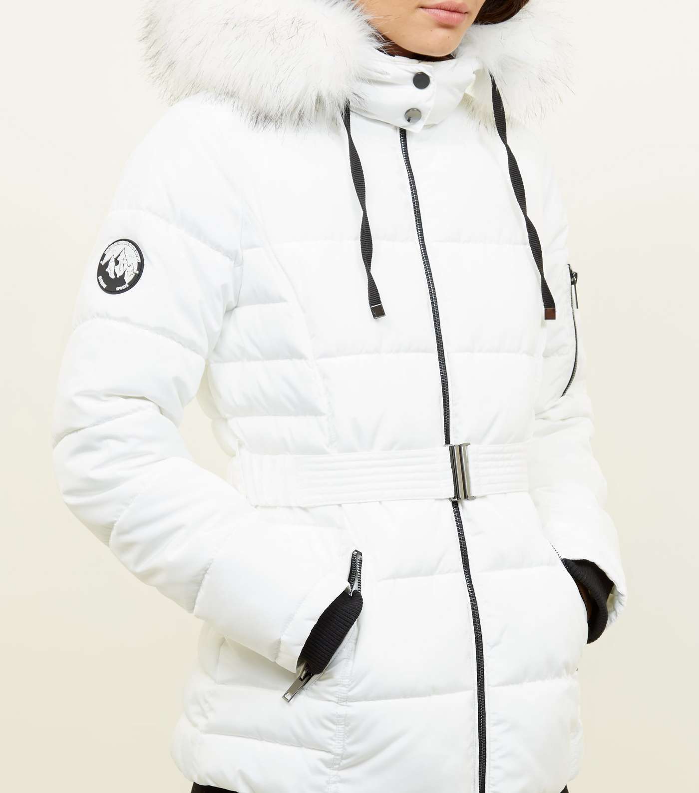 White Faux Fur Hood Belted Puffer Jacket  Image 6