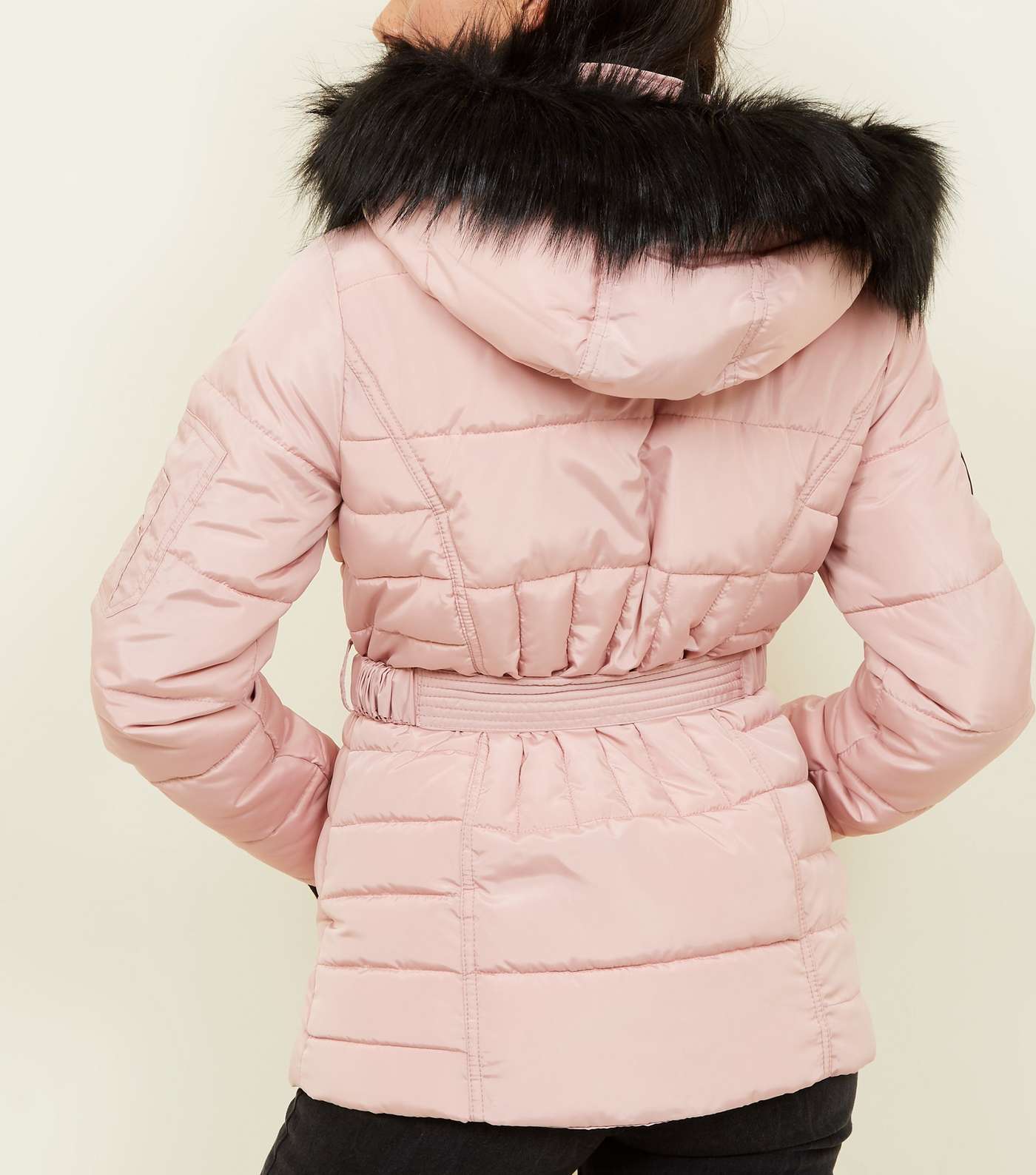 Pale Pink Faux Fur Hood Belted Puffer Jacket  Image 3