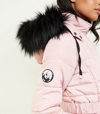 pink belted puffer coat