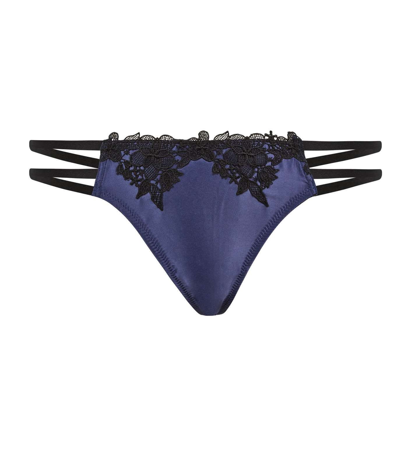 Navy Satin Guipure Lace Trim Thong  Image 4