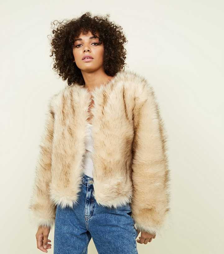 Cream Faux Fur Cropped Collarless Jacket | New Look