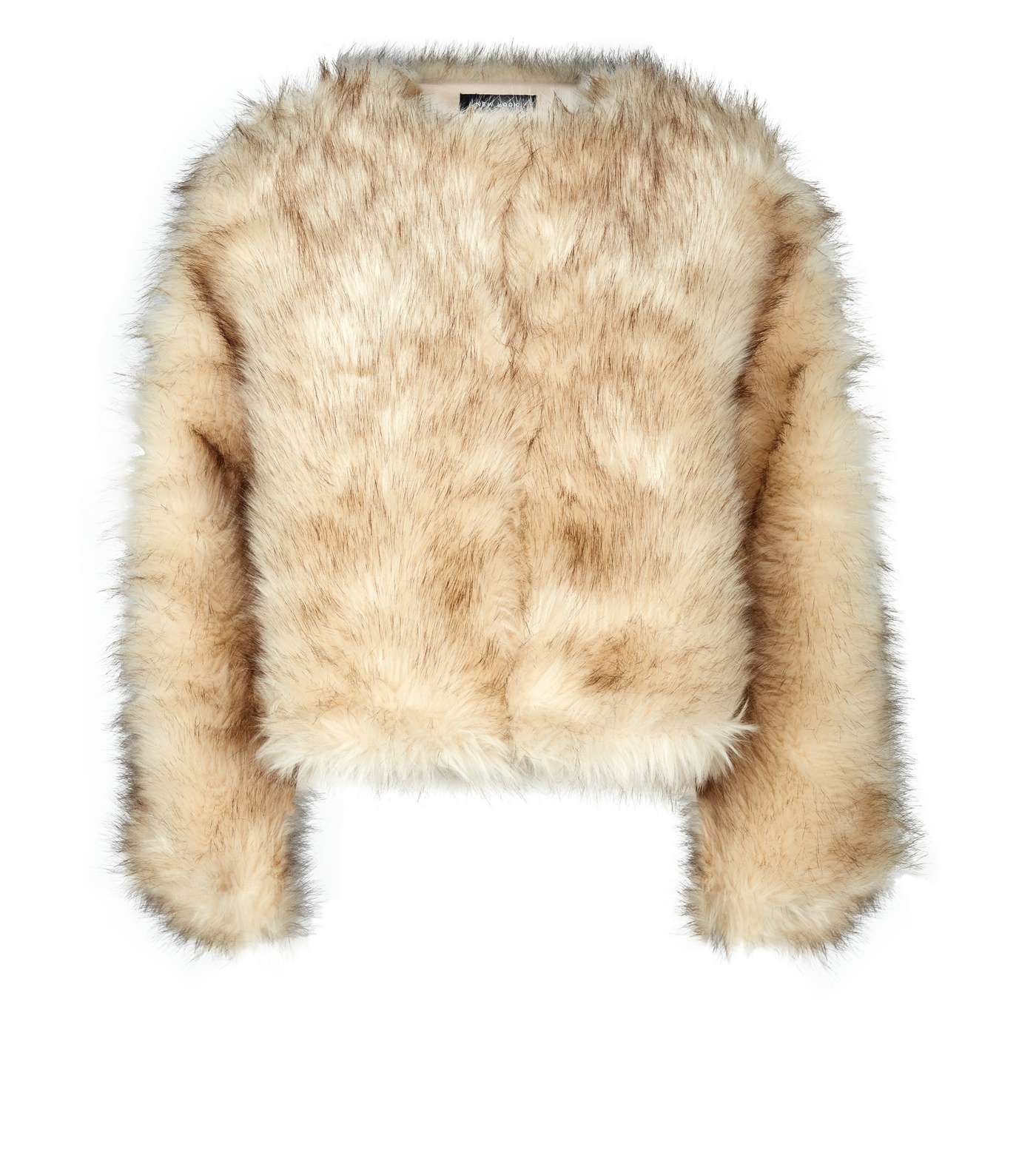 Cream Faux Fur Cropped Collarless Jacket Image 4