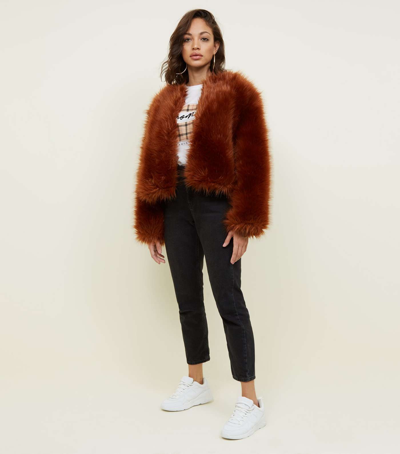Rust Fax Fur Cropped Collarless Jacket Image 2