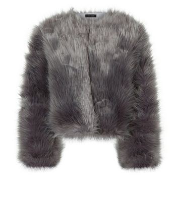 Grey blue faux 2025 fur cropped collarless jacket