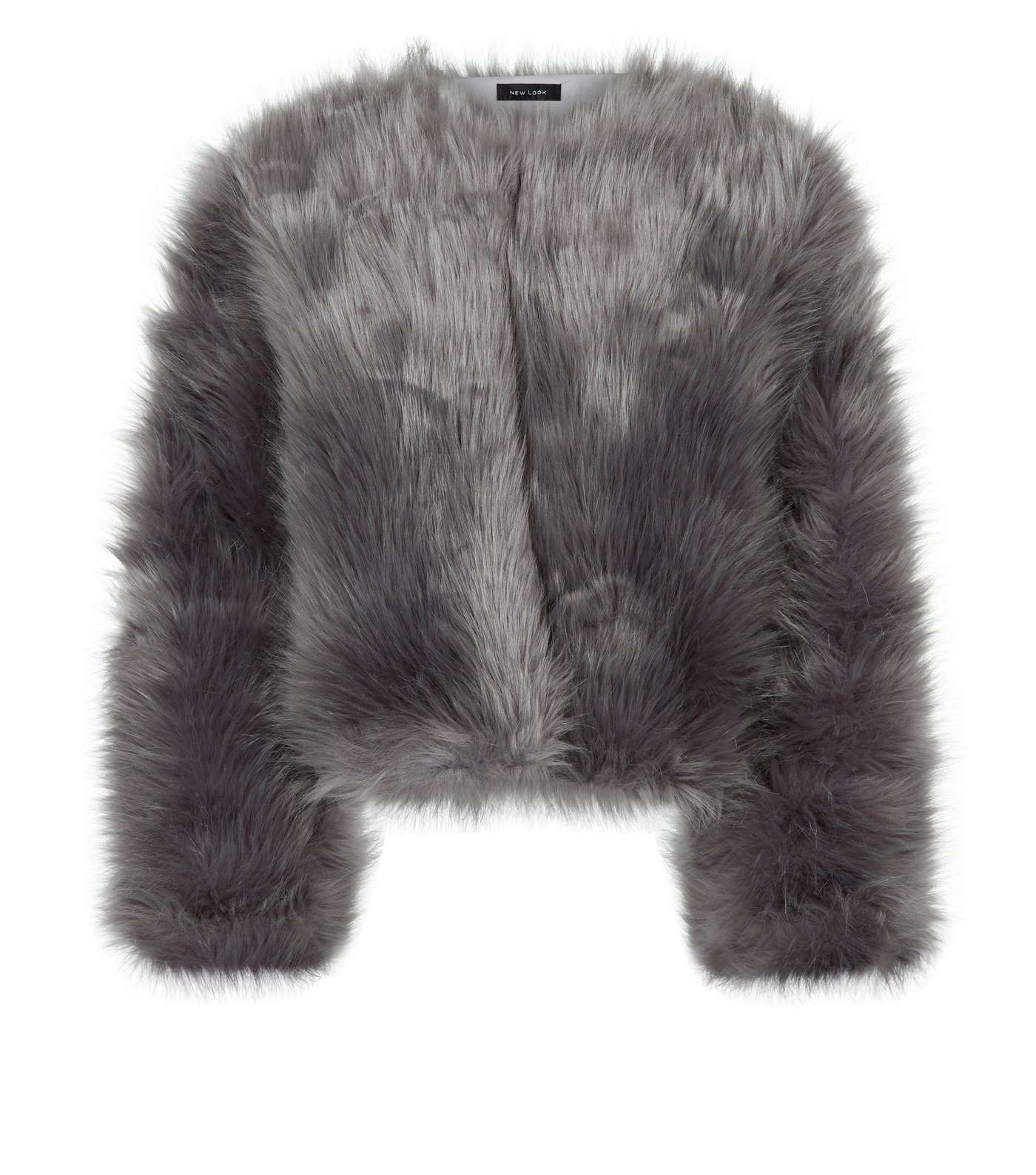 Grey Blue Faux Fur Cropped Collarless Jacket Image 4