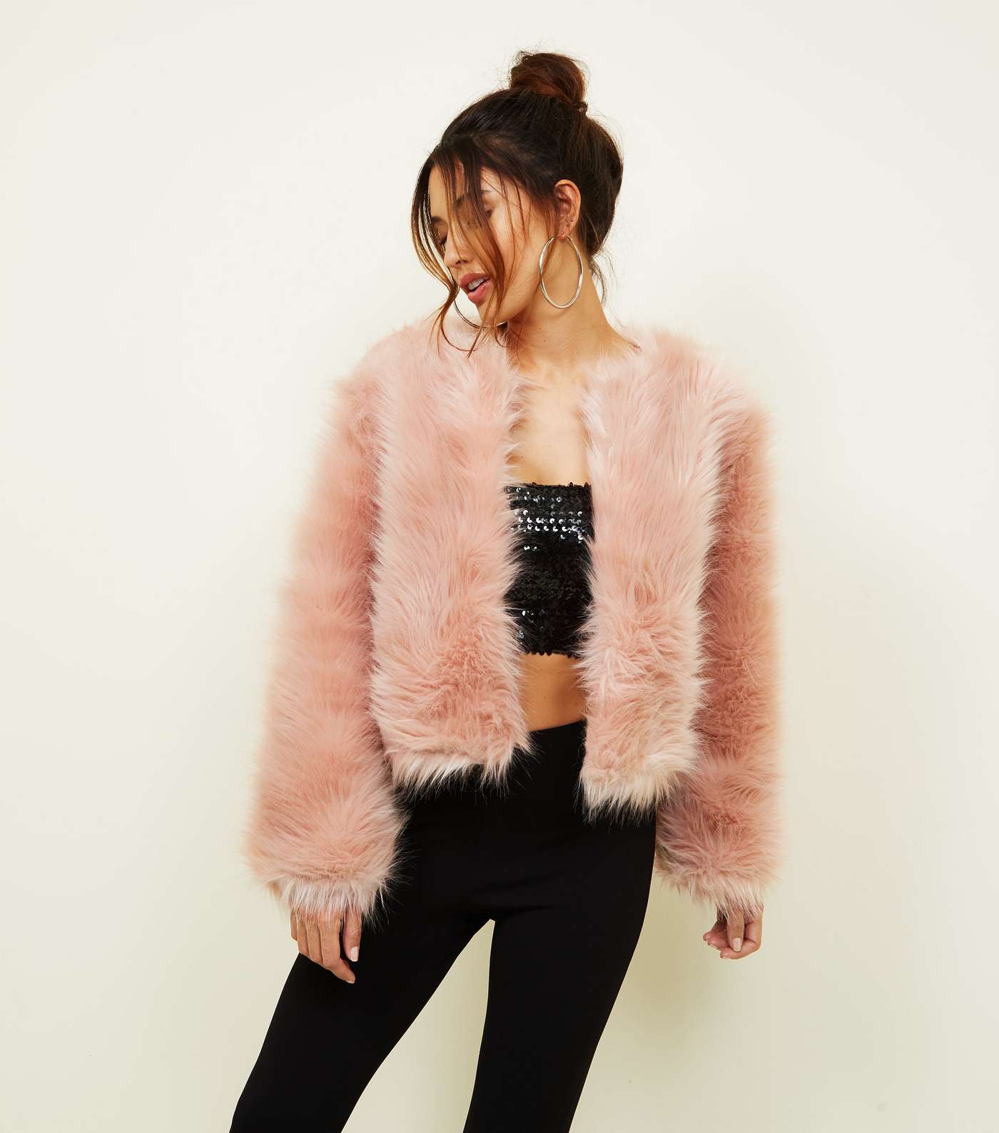 Mid Pink Faux Fur Cropped Collarless Jacket