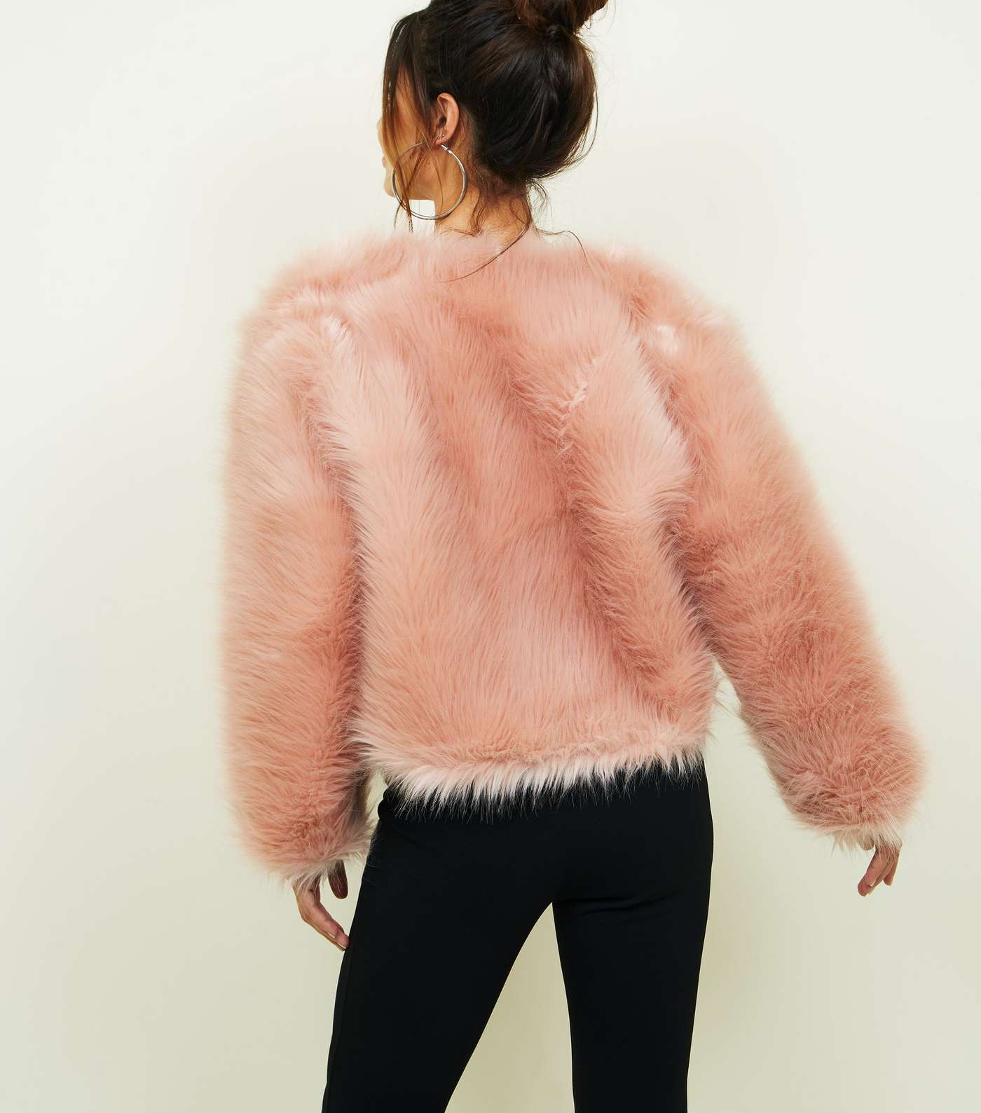 Mid Pink Faux Fur Cropped Collarless Jacket Image 3