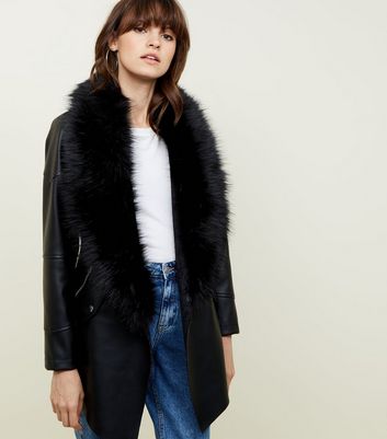 Black Faux Fur Collar Waterfall Jacket New Look