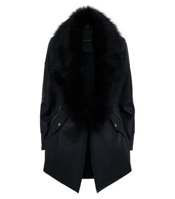 Black Faux Fur Collar Waterfall Jacket New Look