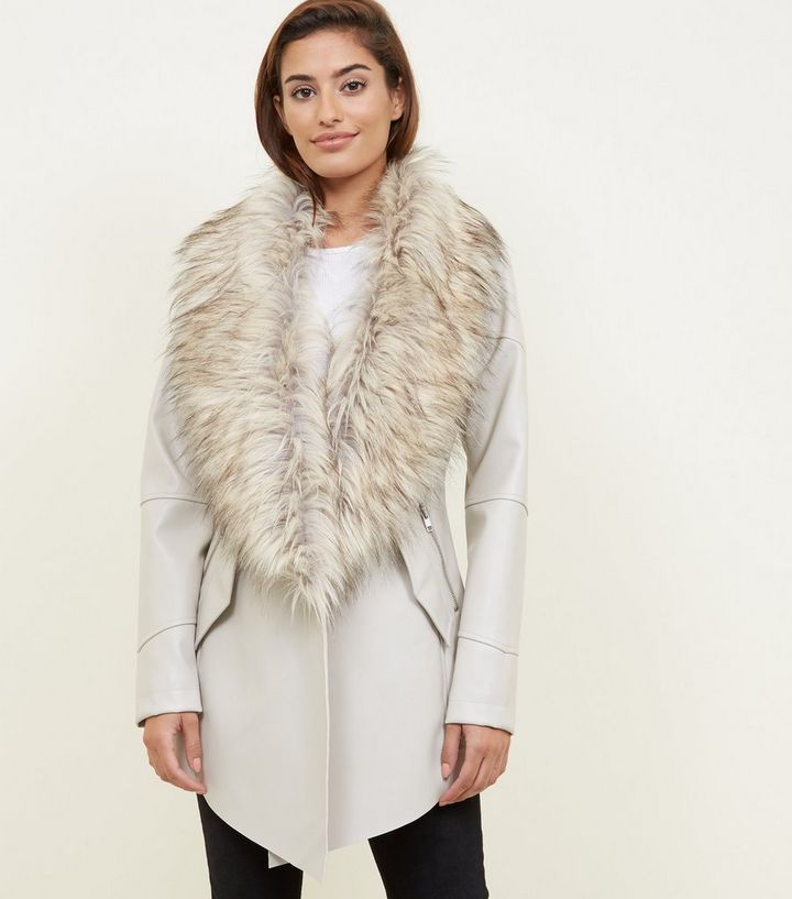Stone Waterfall Leather Faux Fur Collar Jacket New Look Stone Waterfall Leather Faux Fur Collar Jacket