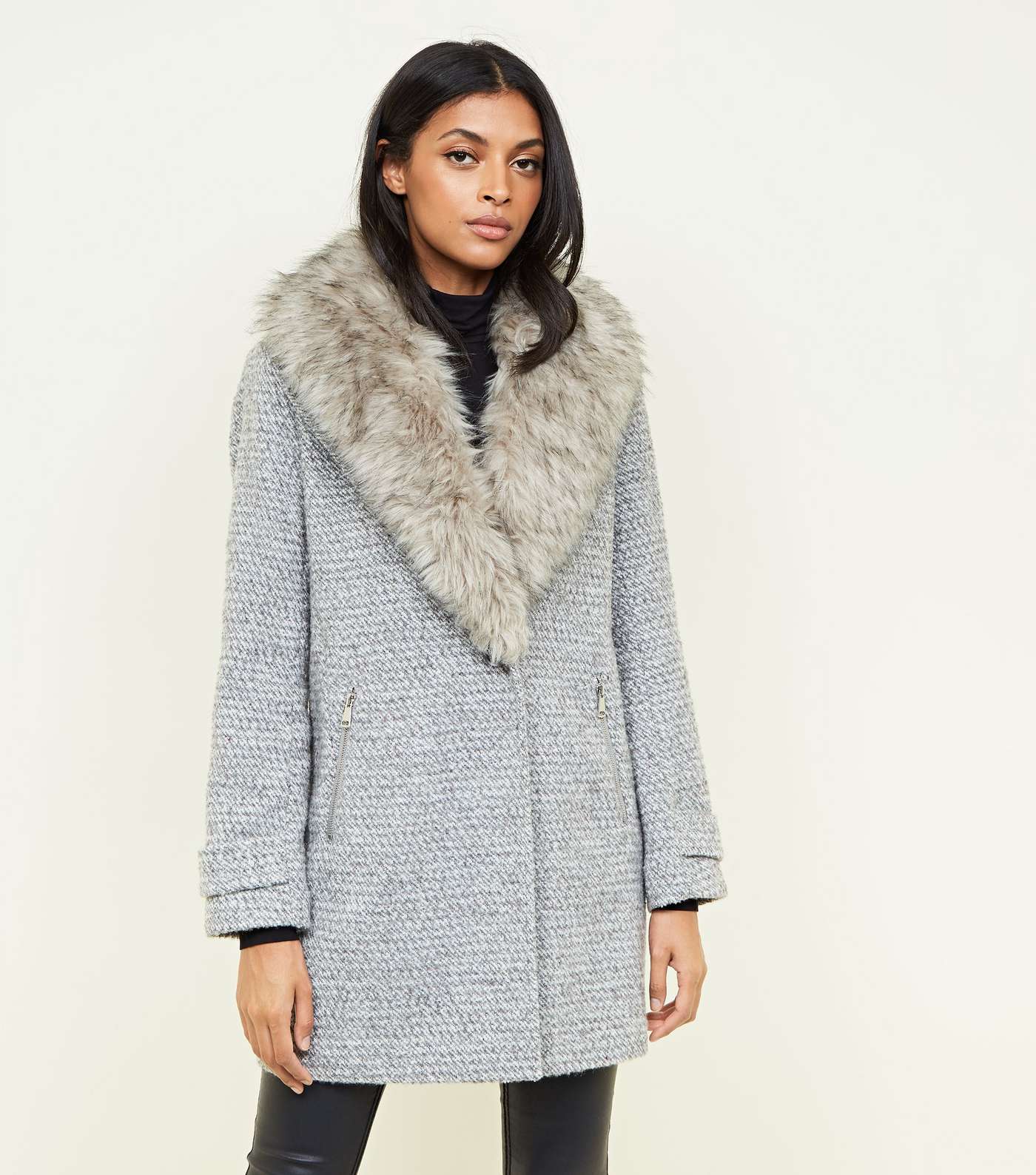Grey Shawl Faux Fur Collar Coat 