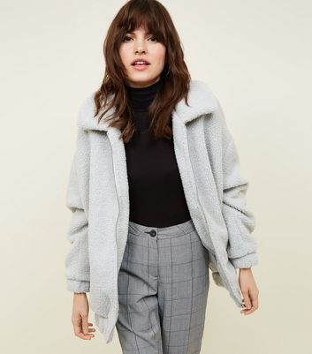 Grey Faux Teddy Fur Bomber Jacket New Look