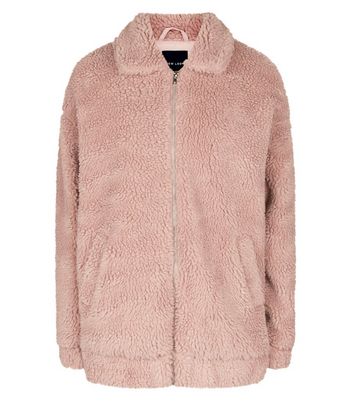 Pink faux teddy 2025 fur bomber jacket