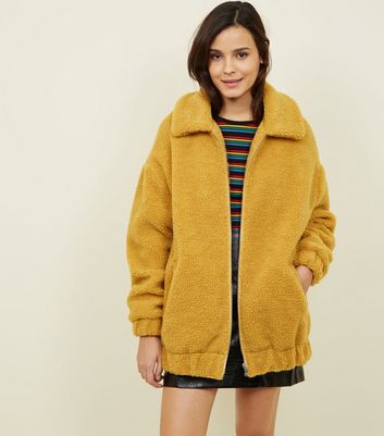 Yellow Faux Teddy Fur Bomber Jacket | New Look