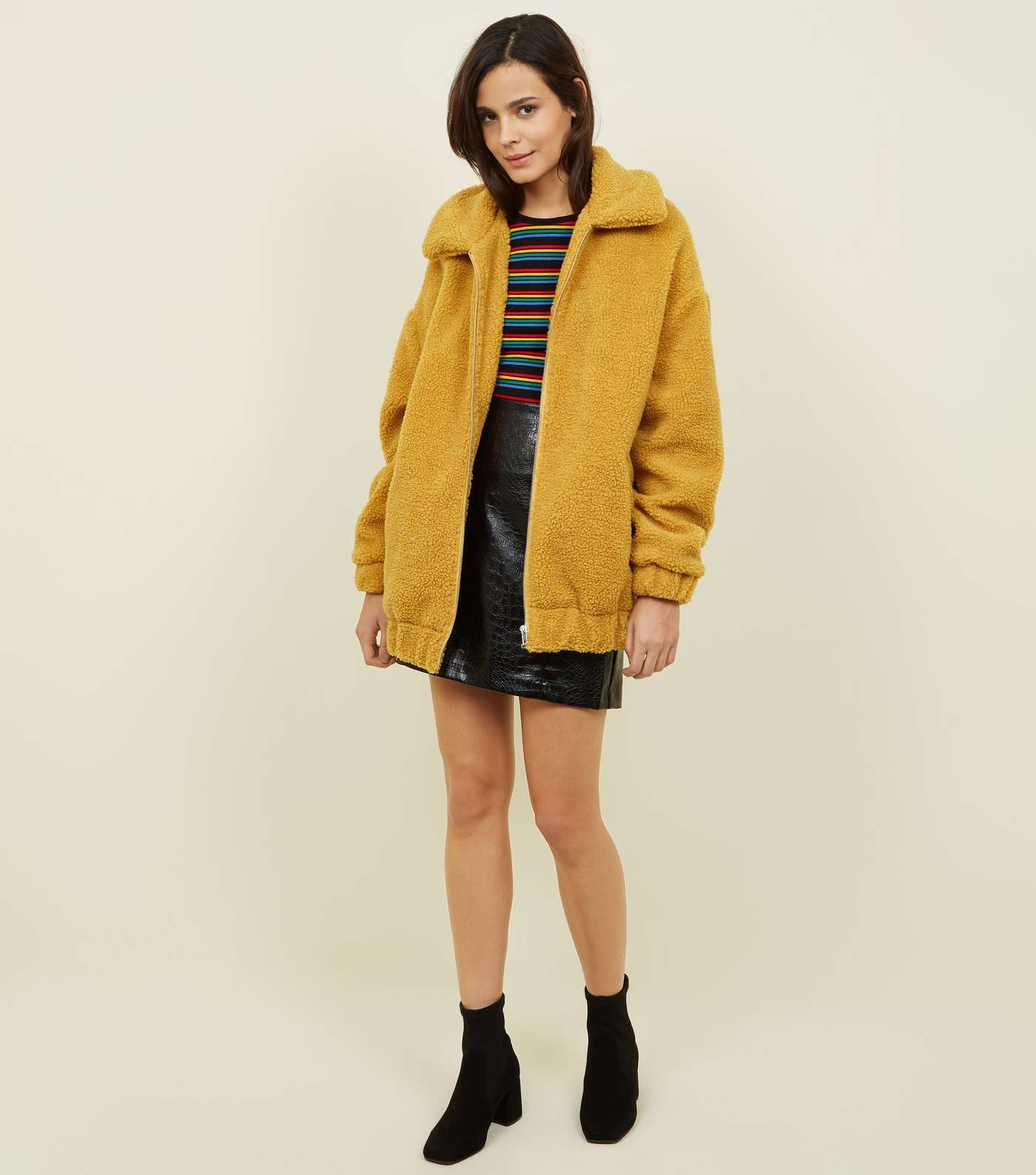 Yellow Faux Teddy Fur Bomber Jacket Image 2