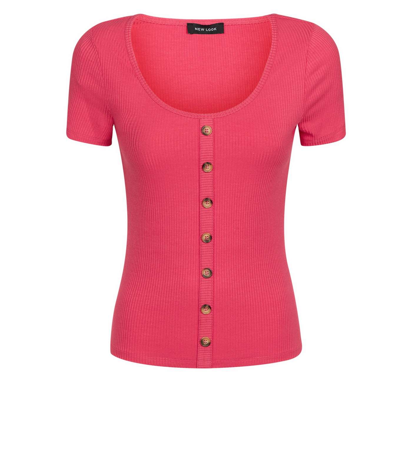 Bright Pink Button Through Ribbed T-Shirt Image 4