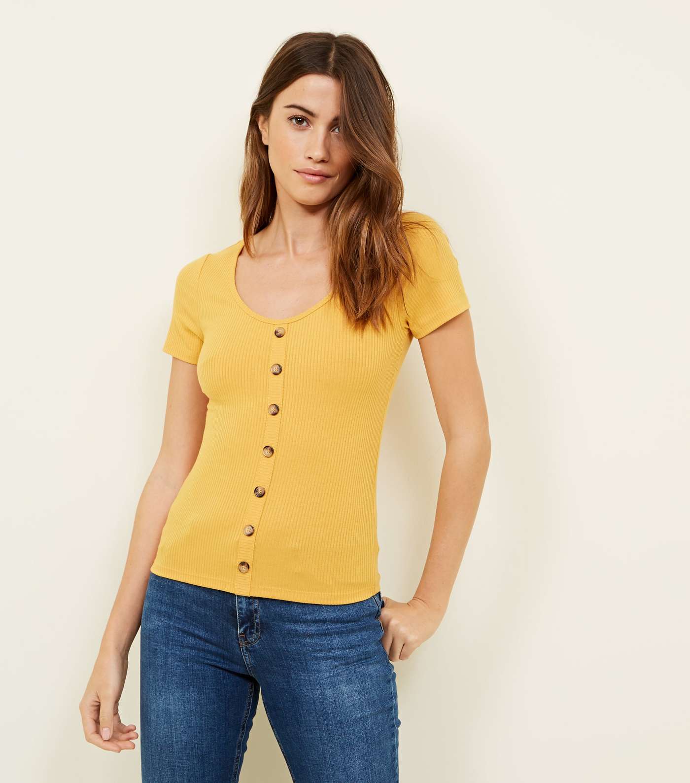Yellow Button Through Ribbed T-Shirt