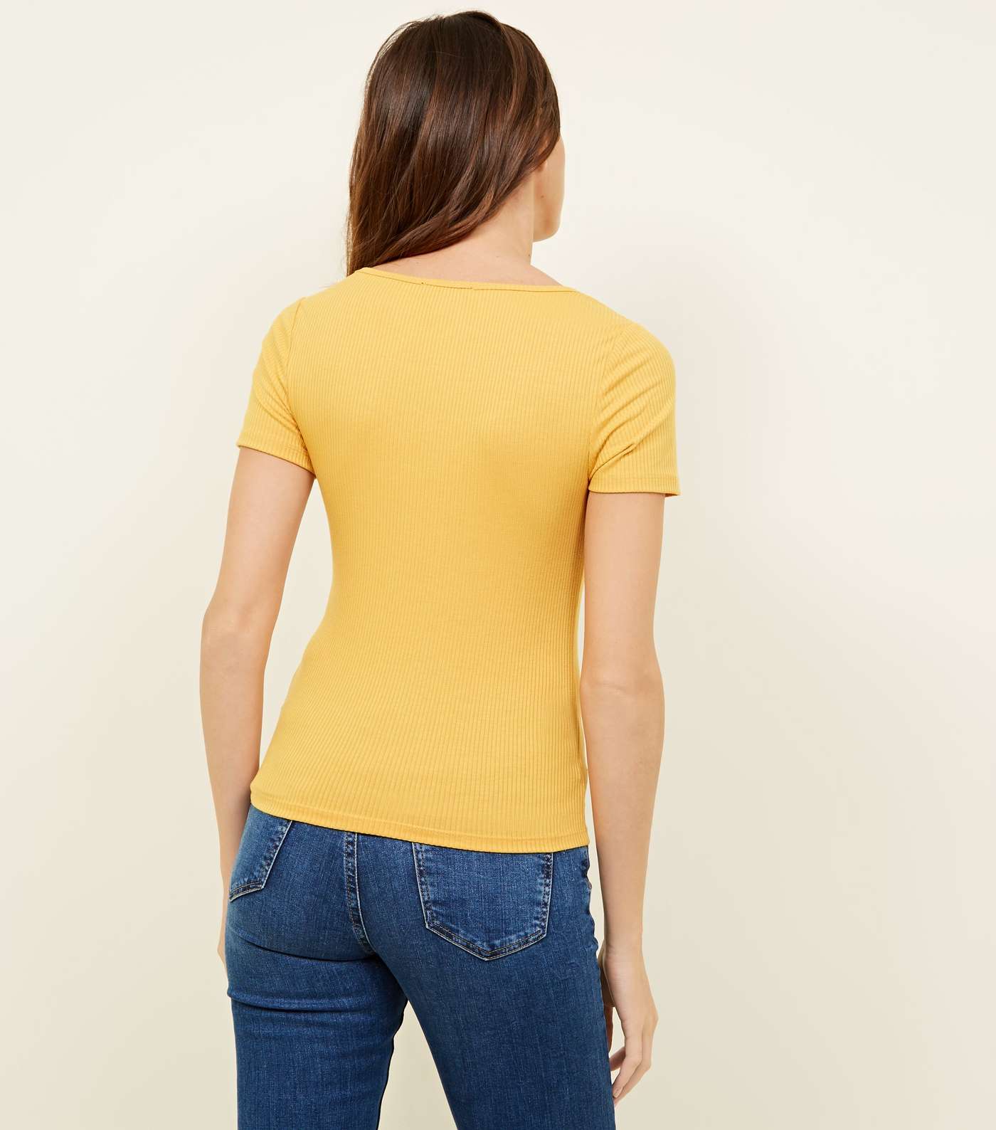 Yellow Button Through Ribbed T-Shirt Image 3