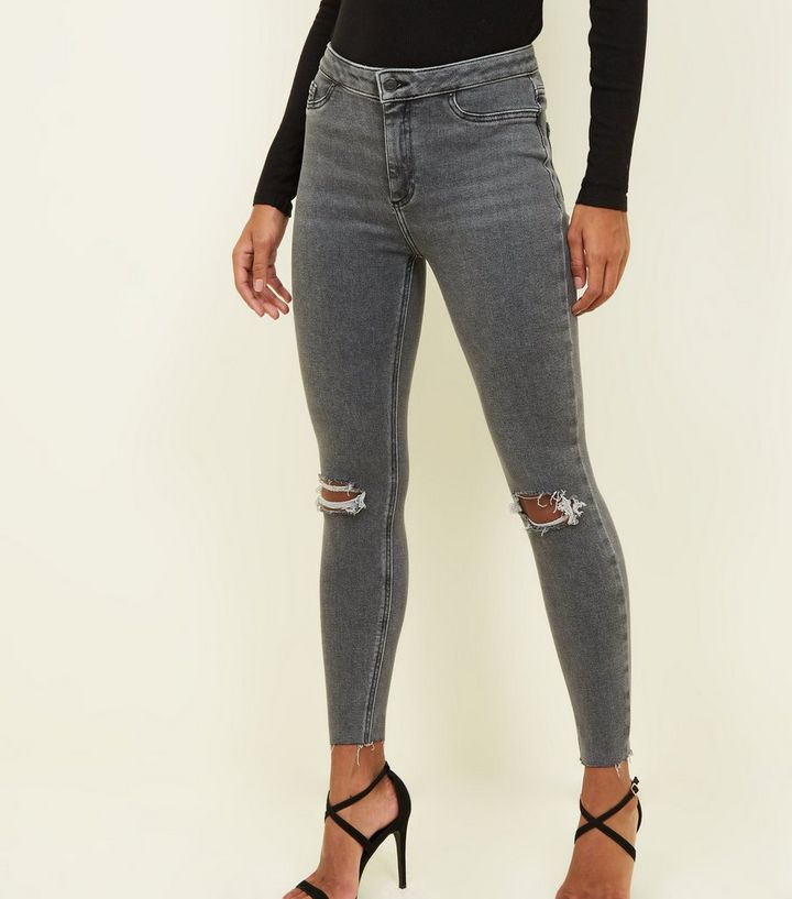 Dark Grey High Waist Skinny Ripped Hallie Jeans New Look