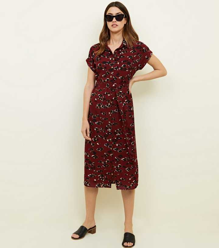 Red Leopard Print Midi Shirt Dress 