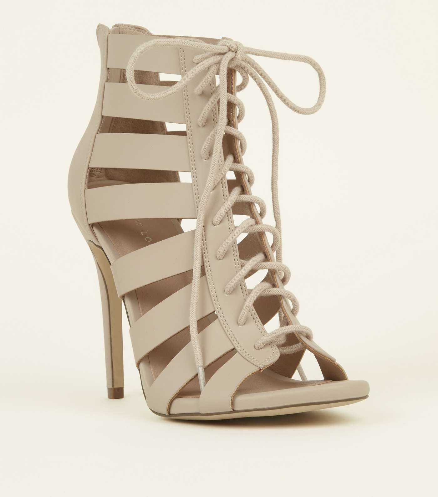 Nude Lace-Up Gladiator Stiletto Heel Sandals 