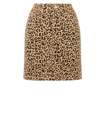 Tan Leopard Print Denim Mini Skirt | New Look