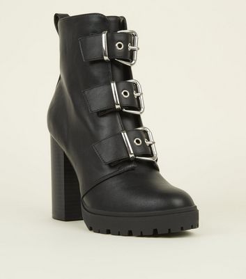 Black Buckle Front Chunky Heeled Boots 