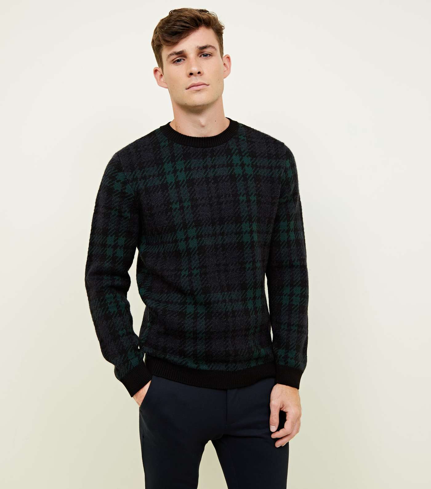 Navy Check Crew Neck Knitted Jumper 