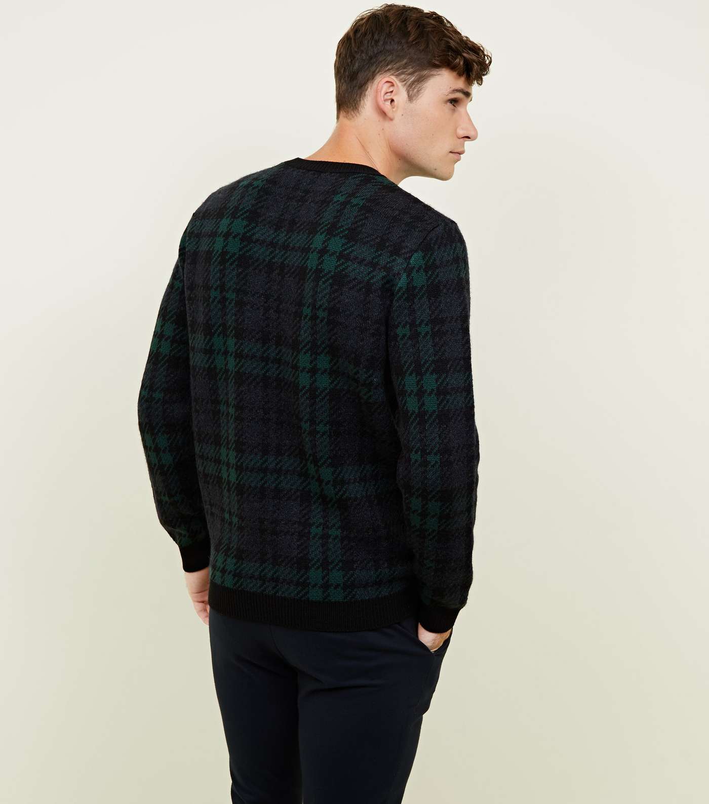 Navy Check Crew Neck Knitted Jumper  Image 3