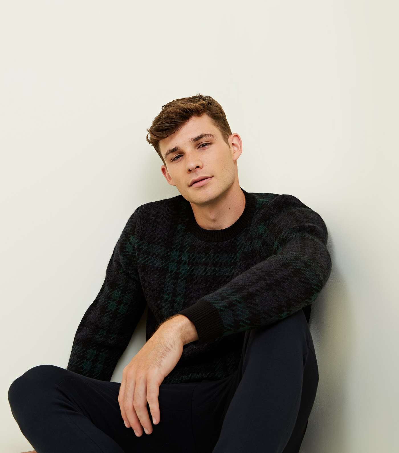 Navy Check Crew Neck Knitted Jumper  Image 5