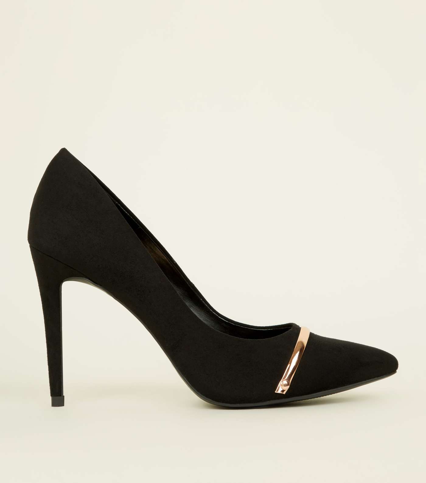 Black Suedette Metal Bar Pointed Courts