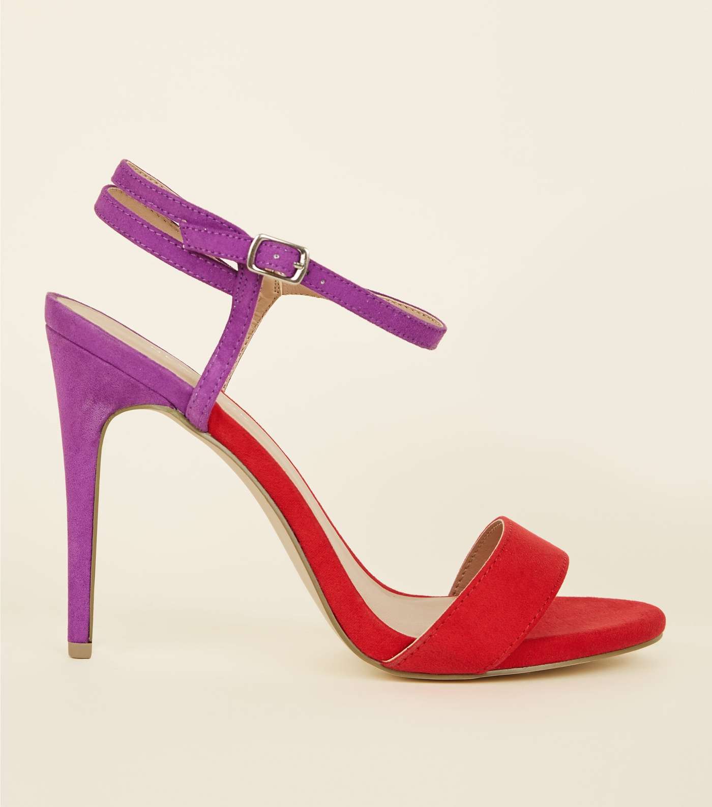 Purple and Red Suedette Strap Stilettos
