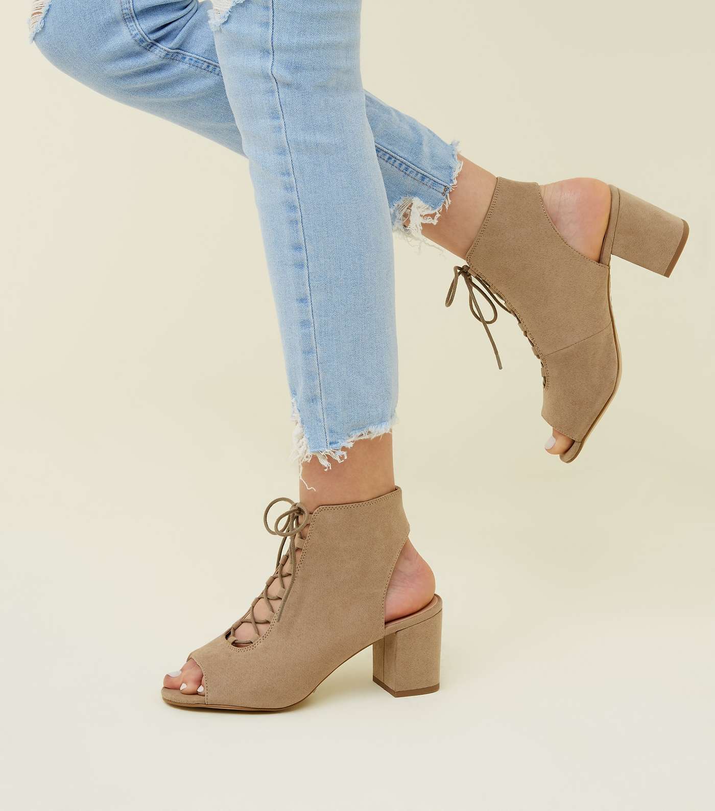 Girls Light Brown Suedette Lace Up Peep Toe Boots Image 2